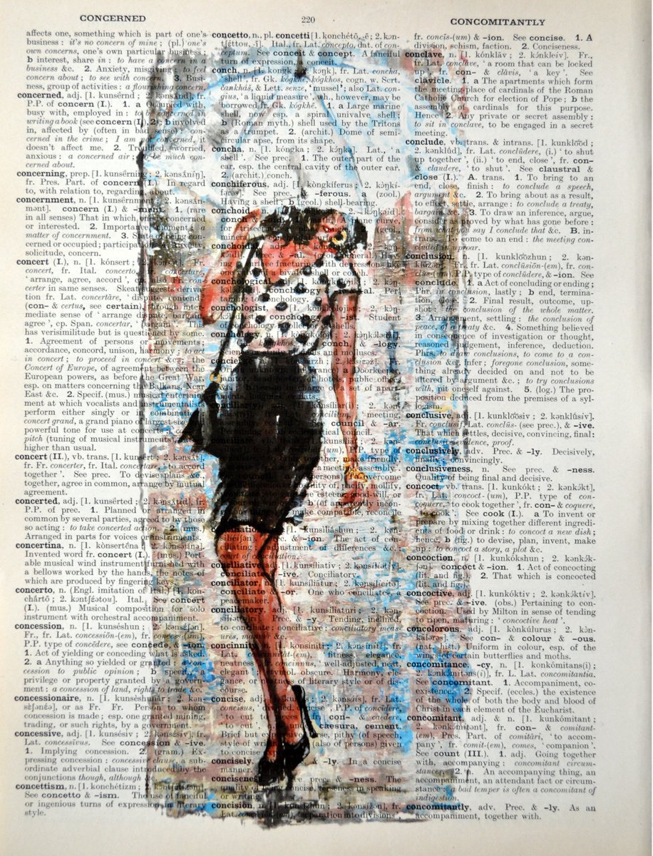 White Umbrella 3 - Collage Art on Large Real English Dictionary Vintage Book Page by Misty Lady - M. Nierobisz