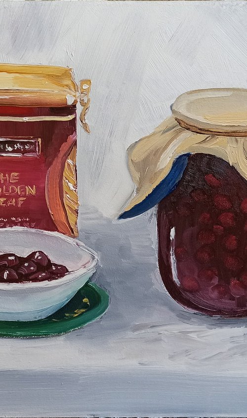 Still life with the cherry jam and the tea box by Dmitry Fedorov