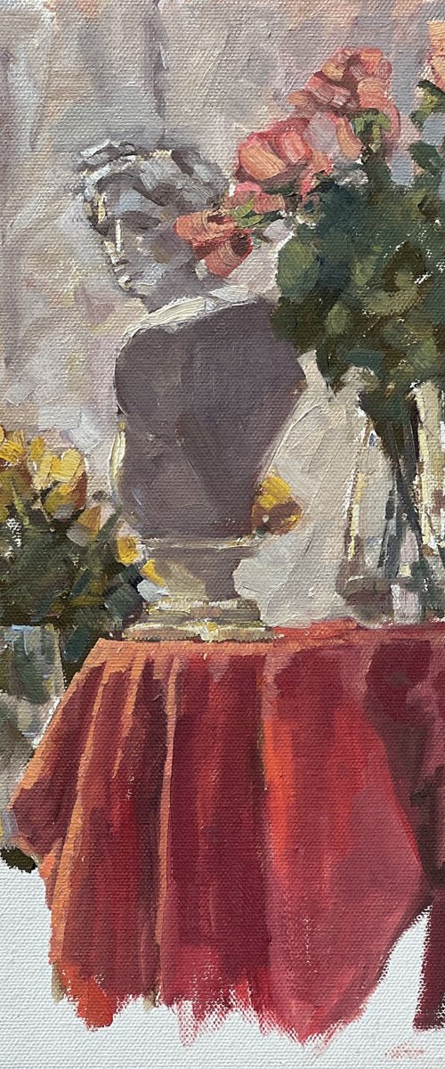 Still life with flowers, fabric and plaster bust by Louise Gillard