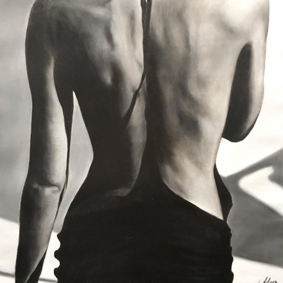 stylish black and white oil painting in white with a woman Grace 85*55 cm
