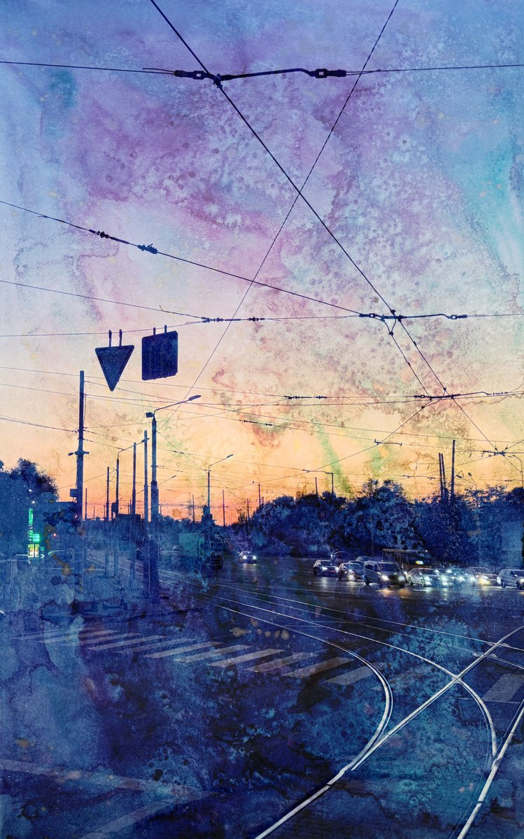 Expressive Cityscapes C-Type Print By Yuliia Sharapova, 13 X 21", Photocollage Night Cityscape, Original Artwork