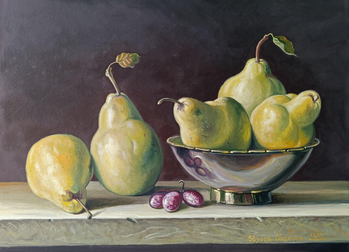 Photorealistic Still Life Oil Painting By Stepan Ohanyan, 16 X 12", Golden Pears, Original Artwork