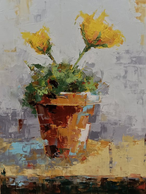 Modern still life with yellow flowers