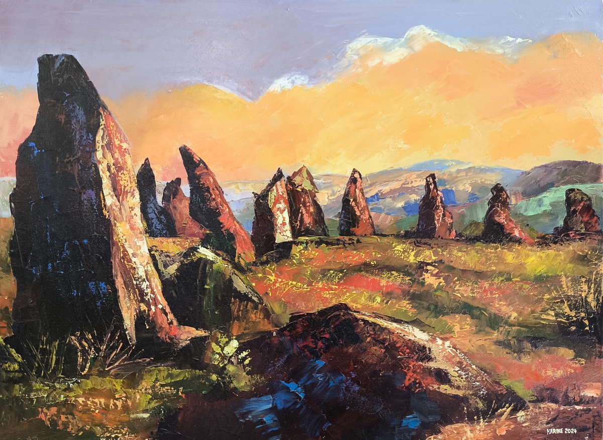 Impressionistic Landscape Oil Painting By Karine Harutyunyan, 31 X 24", Stonehenge, Original Artwork