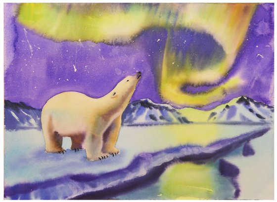 Starry Sky Polar Bear Watercolor Painting Northern Lights Art