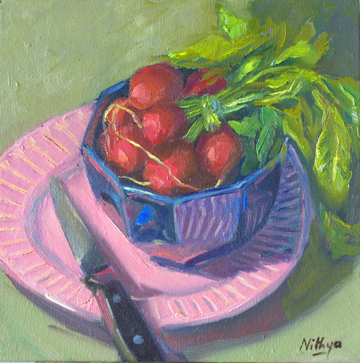 Kitchen Decor - Radishes in a Bowl - Small Oil painting, home decor by Nithya Swaminathan