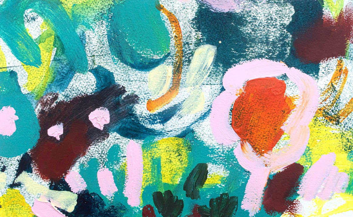 Expressive Botanical Acrylic Painting By Suzie Cumming, 13 X 8", Joyful Garden, Original Artwork