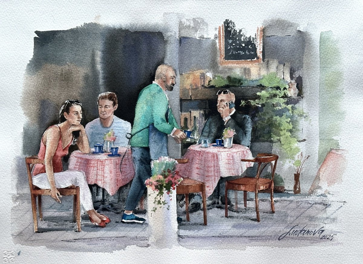 Impressionistic Portrait Watercolour By Yuliia Ludanova, 15 X 11", Cafe In Maribor, Original Artwork