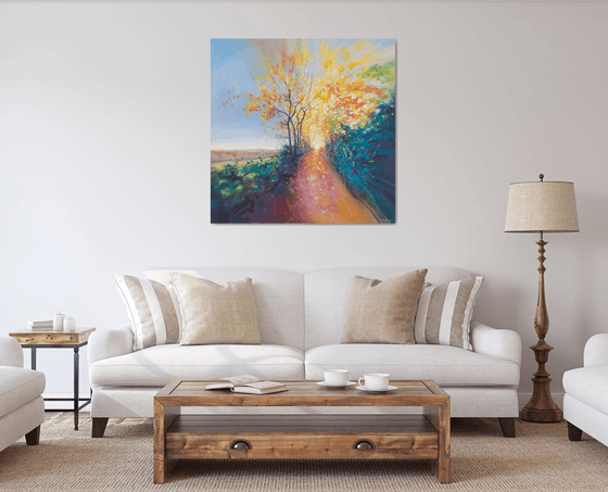 The Truth Calls Again, large oil painting of an autumn path