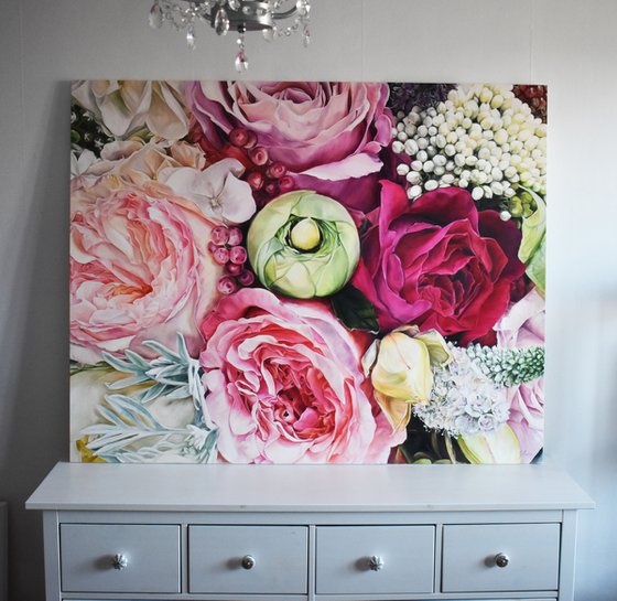 Large author's oil painting with flowers Abundance 150*120 cm