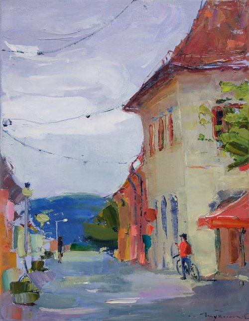 Streets of the old city Bardejov . Slovakia . Original plain air oil painting by Helen Shukina