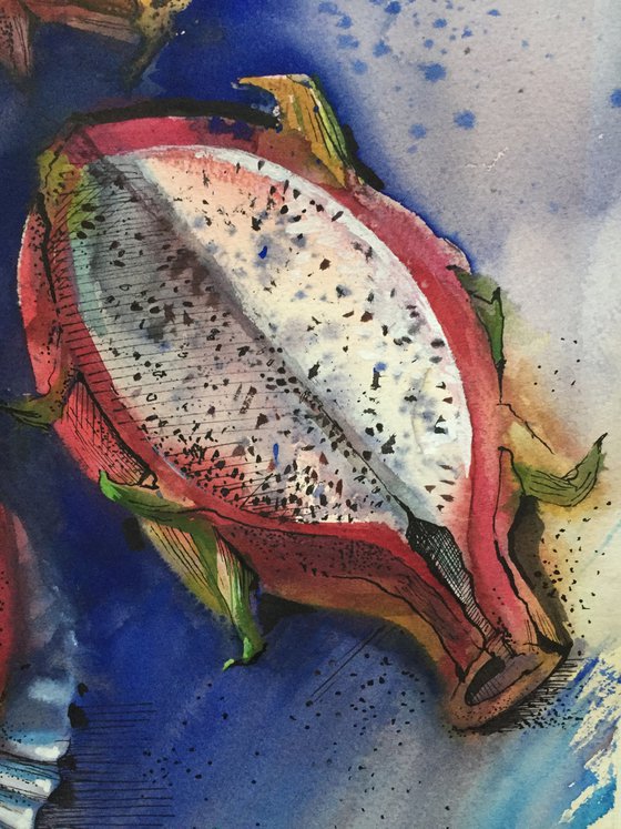 Dragon Fruit. Still life with pitahaya fruit. Red fruits painting.
