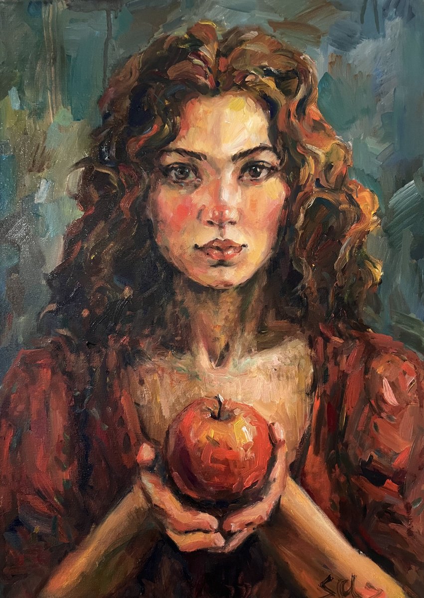 Impressionistic Portrait Oil Painting By Liubou Sas, 20 X 28", Girl With Red Apple, Original Artwork