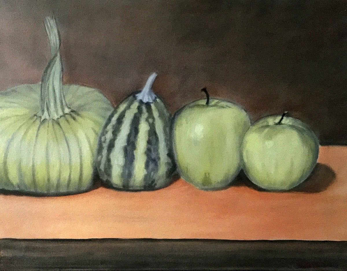 Impressionistic Still Life Oil Painting By Leslie Dannenberg, 24 X 18", Still Life In Green, Original Artwork
