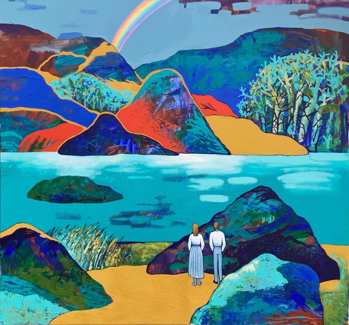 Surrealistic Landscape Acrylic Painting By Elena Tomilova, 53 X 49, The Holy River, Original Artwork