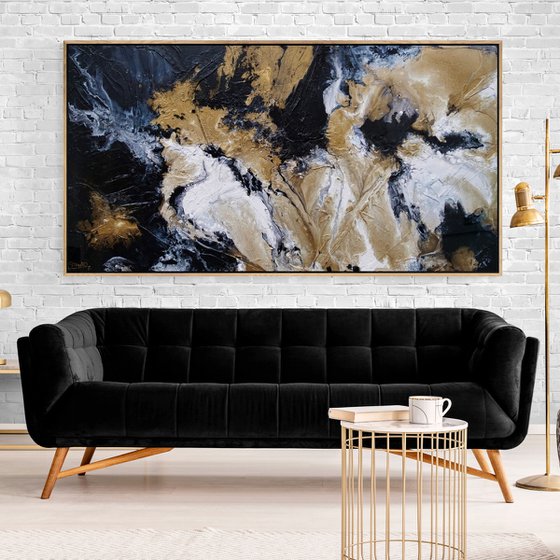 Golden Saturation 190cm x 100cm Gold Black White Textured Abstract Art