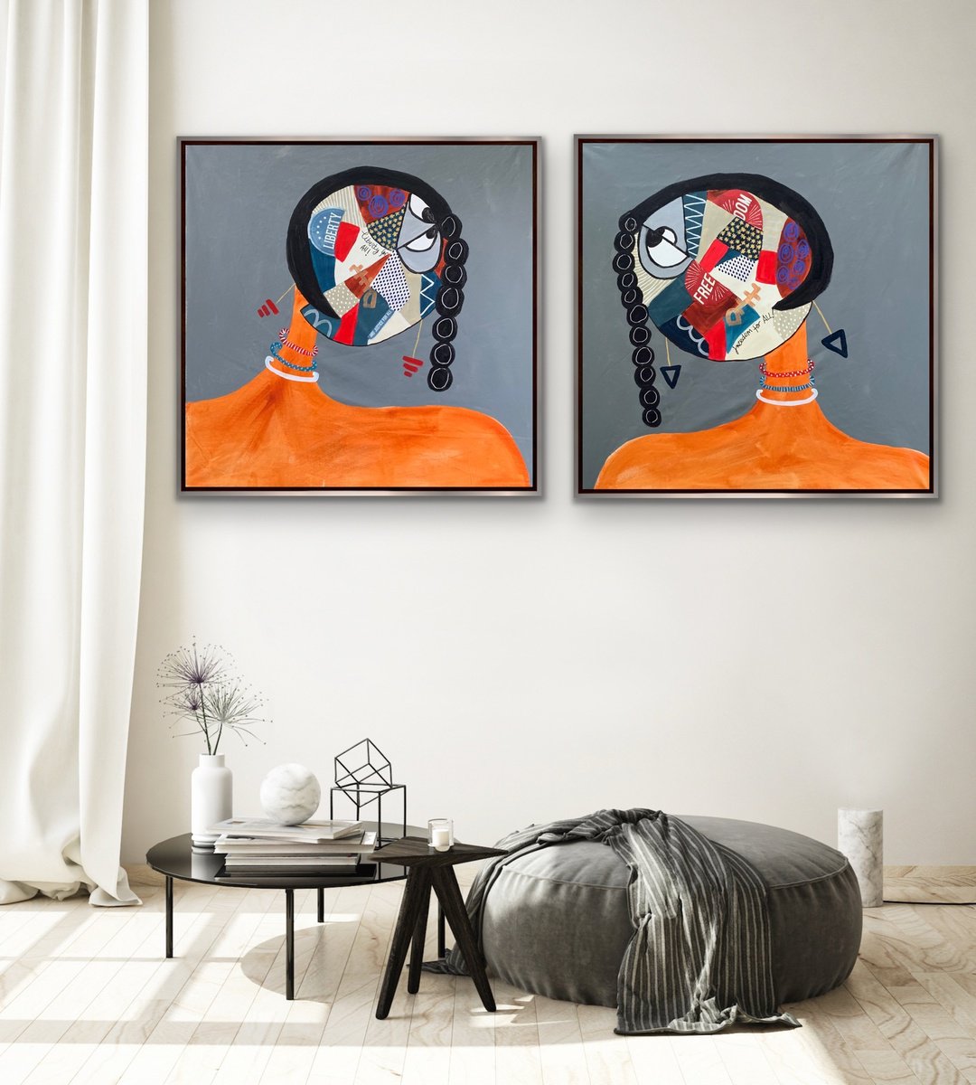 Abstract Portrait Acrylic Painting By Rashna Hackett, 36 X 36", Freedom And Liberty (Diptych), Original Artwork