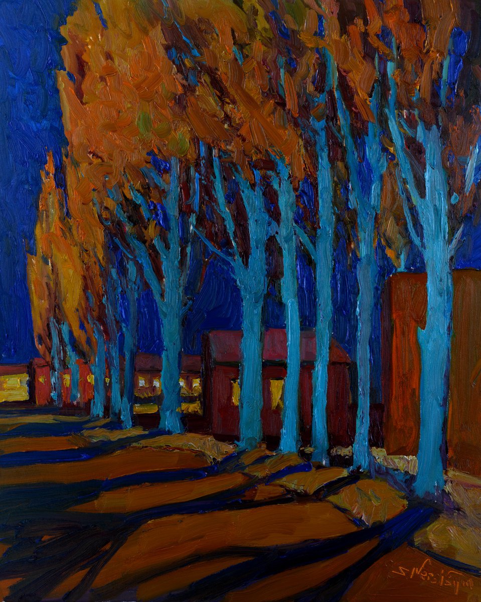 Expressive Landscape Oil Painting By Suren Nersisyan, 22 X 28", Poplars In The Fall. Night, Original Artwork