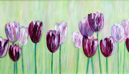 Tulips in the garden - minimalist painting framed by Cristina Stefan