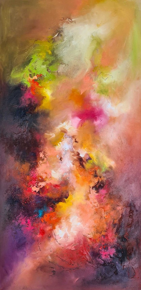 Abstract Oil Painting By Anna Schofield, 20 X 39, Flow, Original Artwork