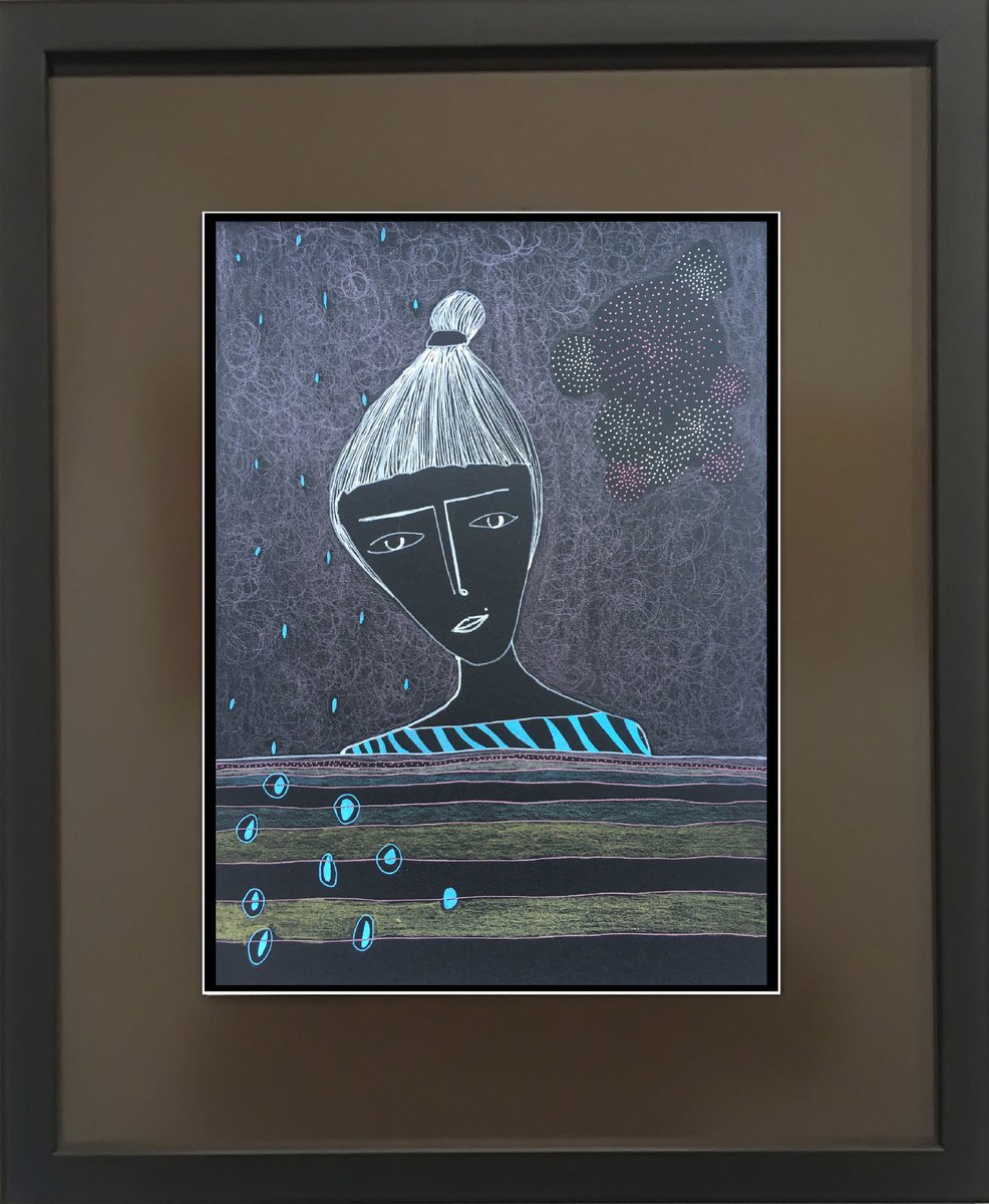 Naive Portrait Drawing By Irina Goleva, 14 X 17, Half Of Rain, Original Artwork