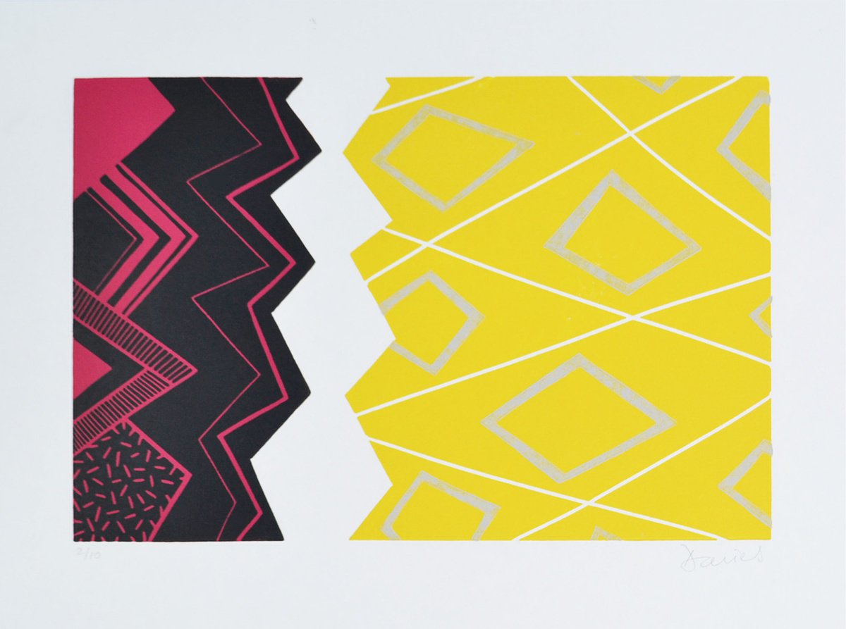 Geometric Abstract Linocut By Julian Davies, 15 X 11", In Bruges, Original Artwork