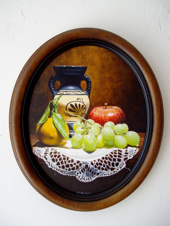 Amphora and fruit in oval