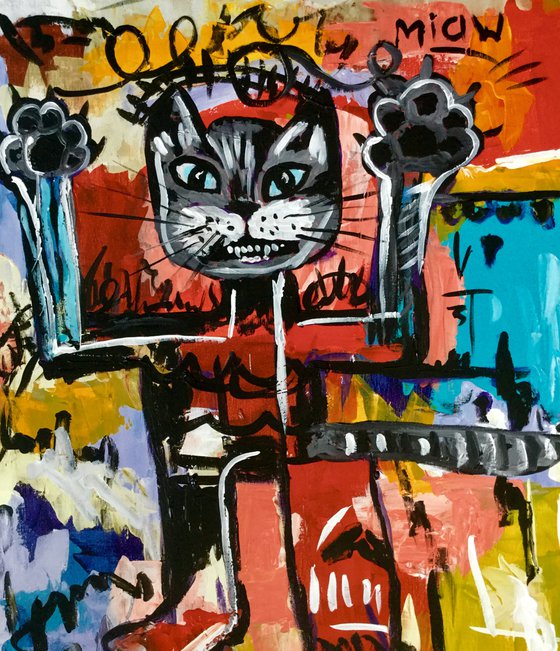 Red and Grey cat without a CROWN version of famous painting by Jean-Michel Basquiat