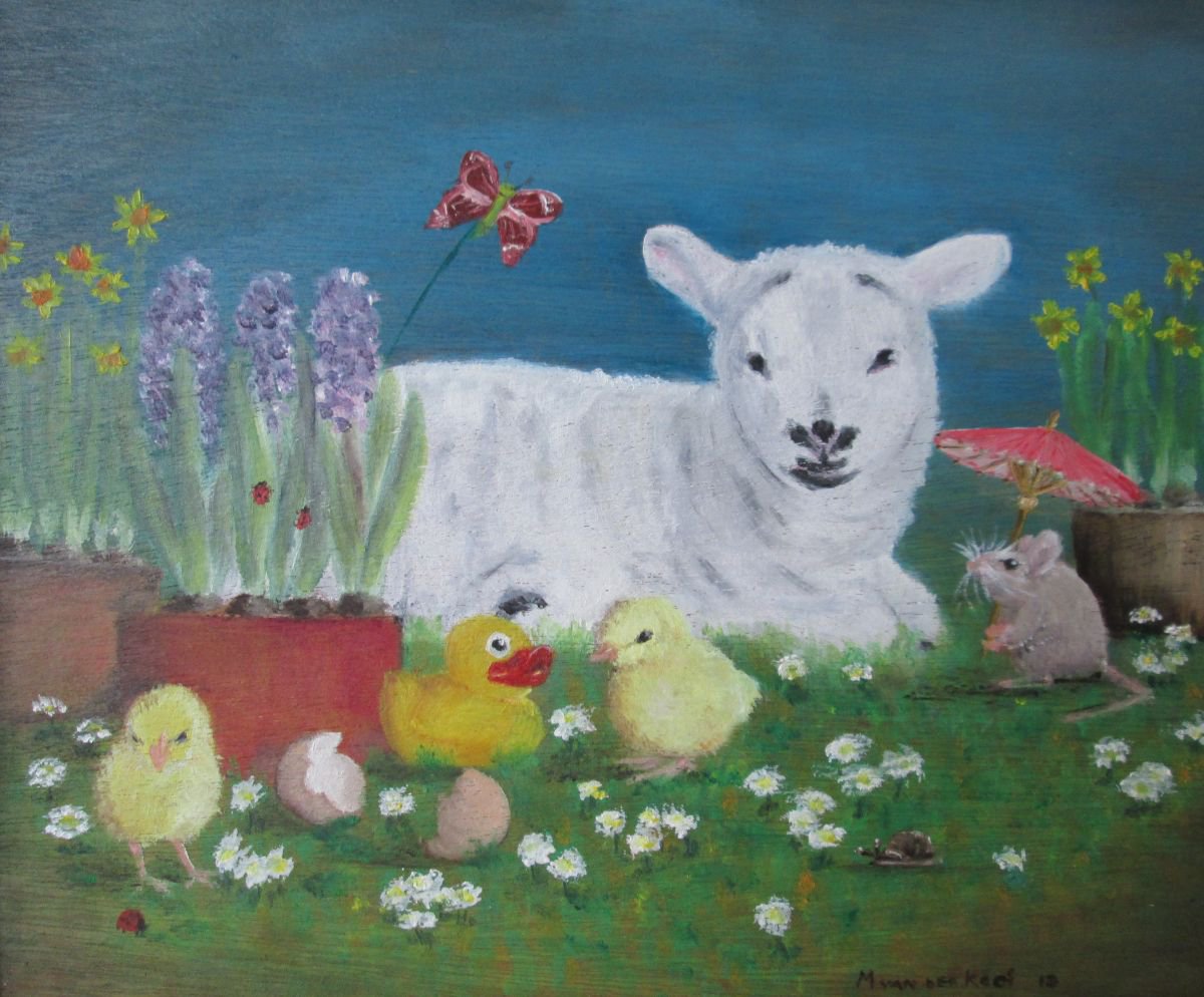 Little Lamb, butterfly, flowers, and baby chickens, oil painting by MARJANSART