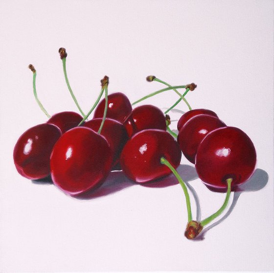 Cherries painting, Original oil on canvas realistic art, 30 x 30 cm