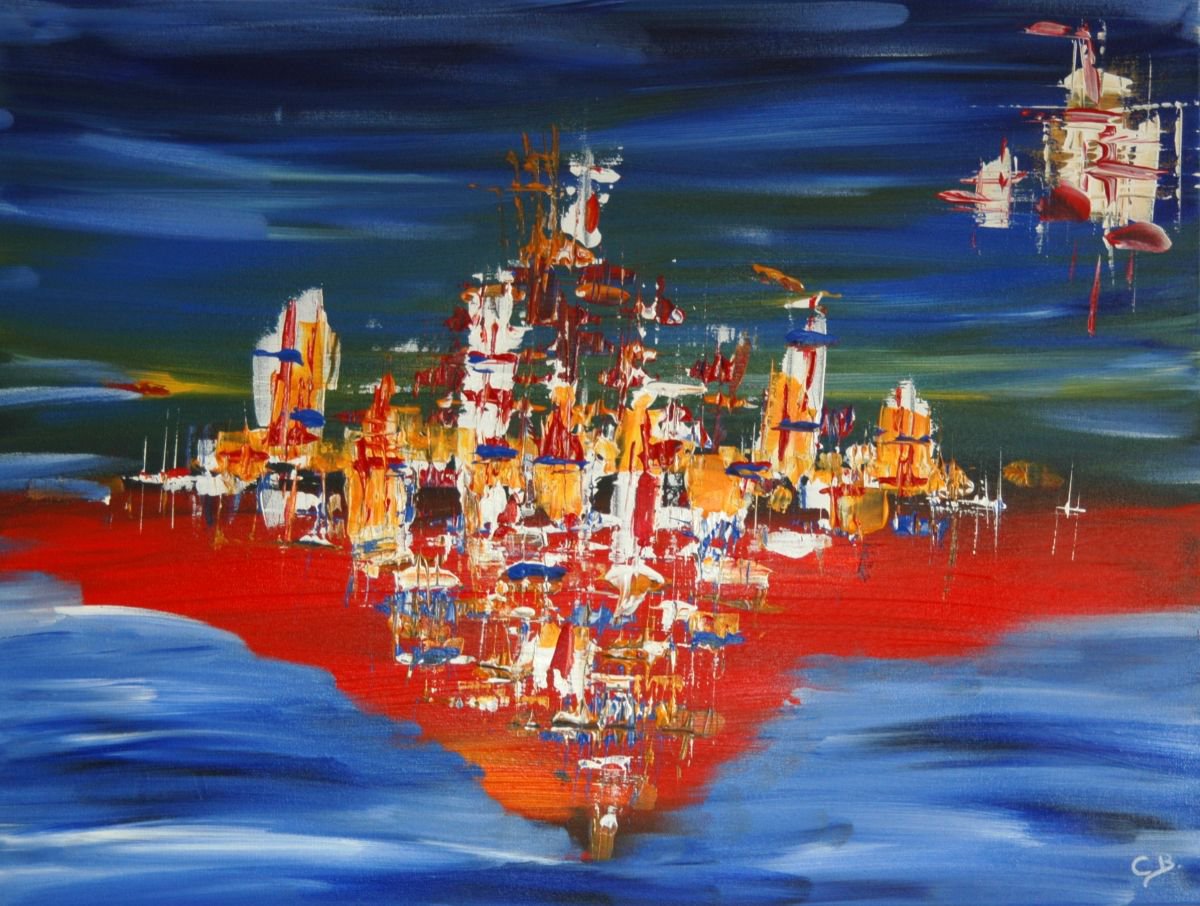 Abstract Acrylic Painting By Cb., 31 X 24, Red River. Cityscape, Original Artwork