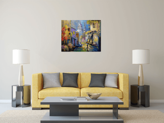 " Morning in Italy " - 100 x 80cm Original Oil Painting Large XL Landscape old Cityscape