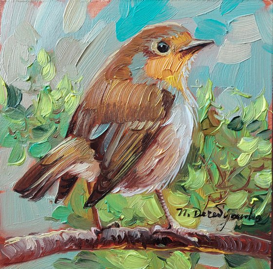 Robin bird oil painting original birding artwork, Miniature framed art