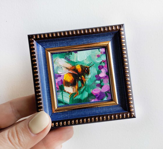 Bee artwork painting original 2x2, Bumblebee painting oil green lavander, Honey bee wall art miniature