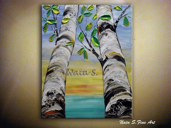 Birches Painting, Modern Impasto Aspen Tree Painting, Colorful Wall Art