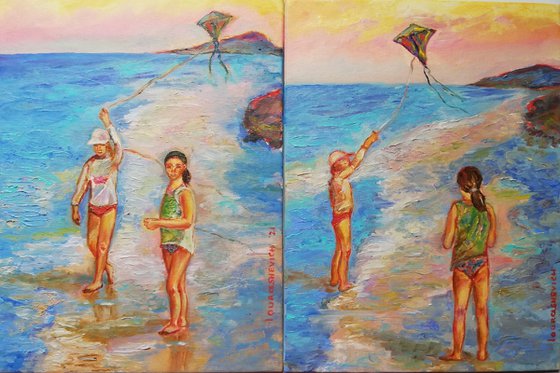 "Two Girls with a Kite" Original Oil Artwork 7 by 10" (18x24cm)