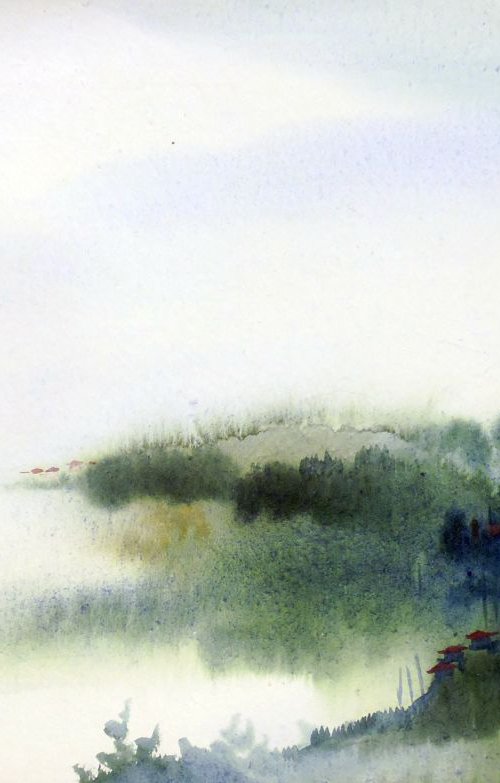 Cloudy Himalaya Mountain Landscape - Watercolor on Paper by Samiran Sarkar