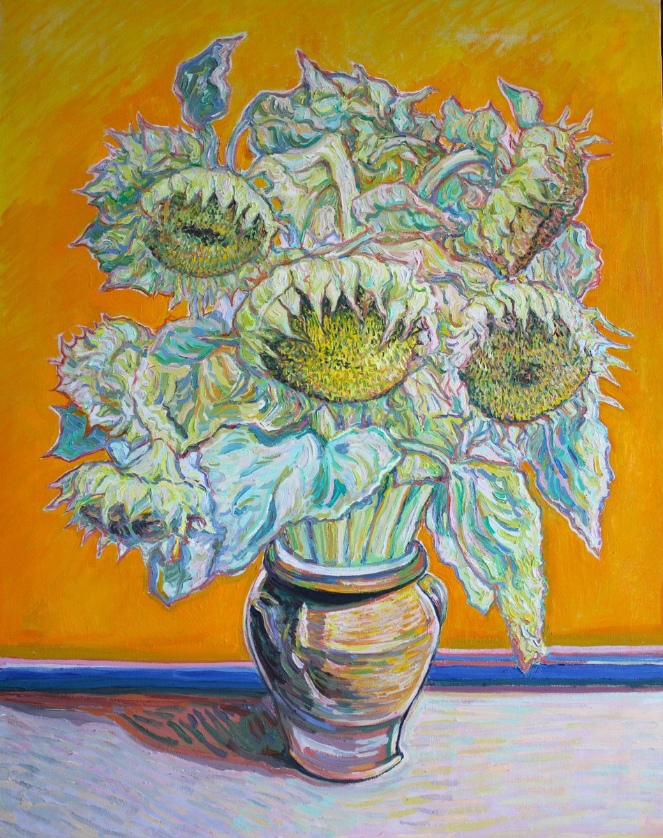 Impressionistic Botanical Oil Painting By Nigel Dickerson, 28 X 36", Orange/Yellow Sunflowers, Original Artwork