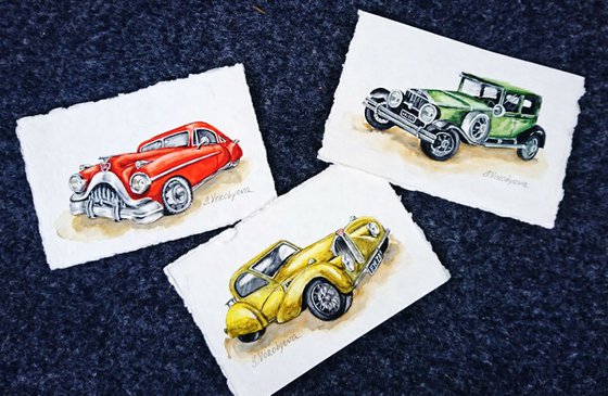 Green car. Watercolor miniature. Part from "Retro cars" series. Framed