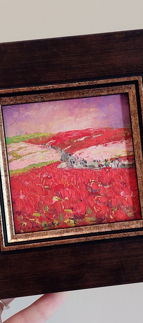 Landscape art abstract oil painting original 4x4, Red fields small frame art, Red black painting framed artwork mini wall decor by Nataly Derevyanko