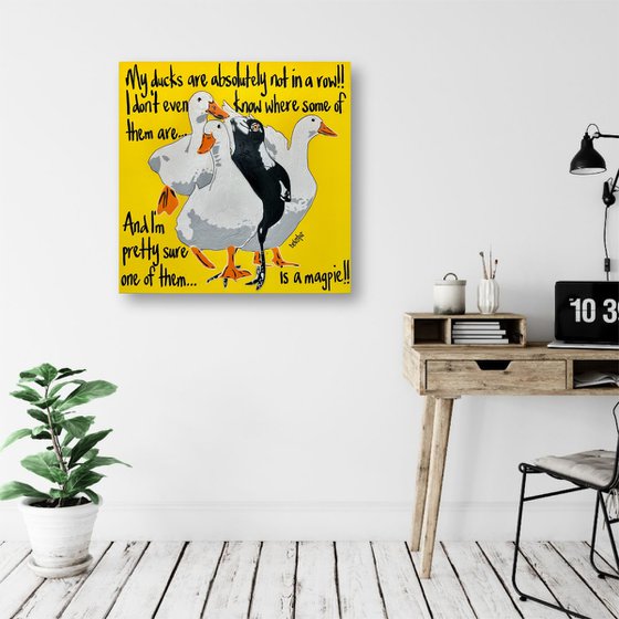 Ducks in a row Yellow Magpie 61cm x 61cm