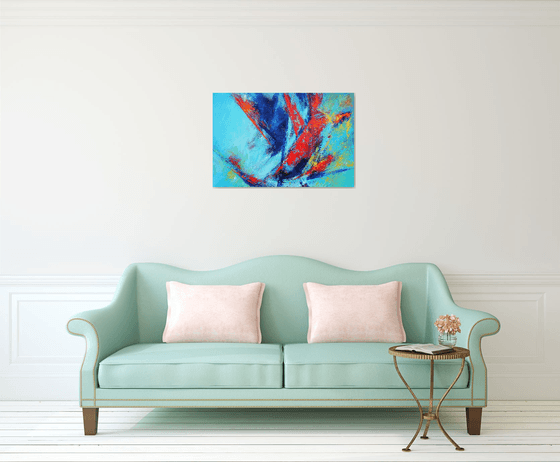 Large Abstract Blue Teal Red Landscape Painting. Modern Textured Art. Abstract. 61x91cm.