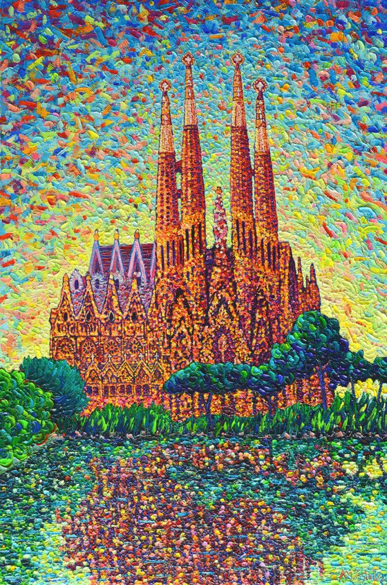 BARCELONA SAGRADA FAMILIA IN DAWN LIGHT - 60x90 cm modern impressionist palette knife oil painting