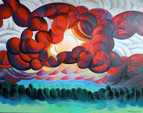 Sunset (90x70cm, cubism, oil painting)
