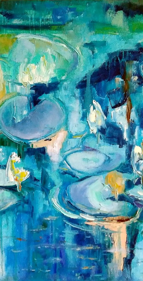 Pond Painting Water Lily Original Art Lotus Pond Landscape Artwork Floral Wall Art, 50x40 cm, ready to hang. by Yulia Berseneva