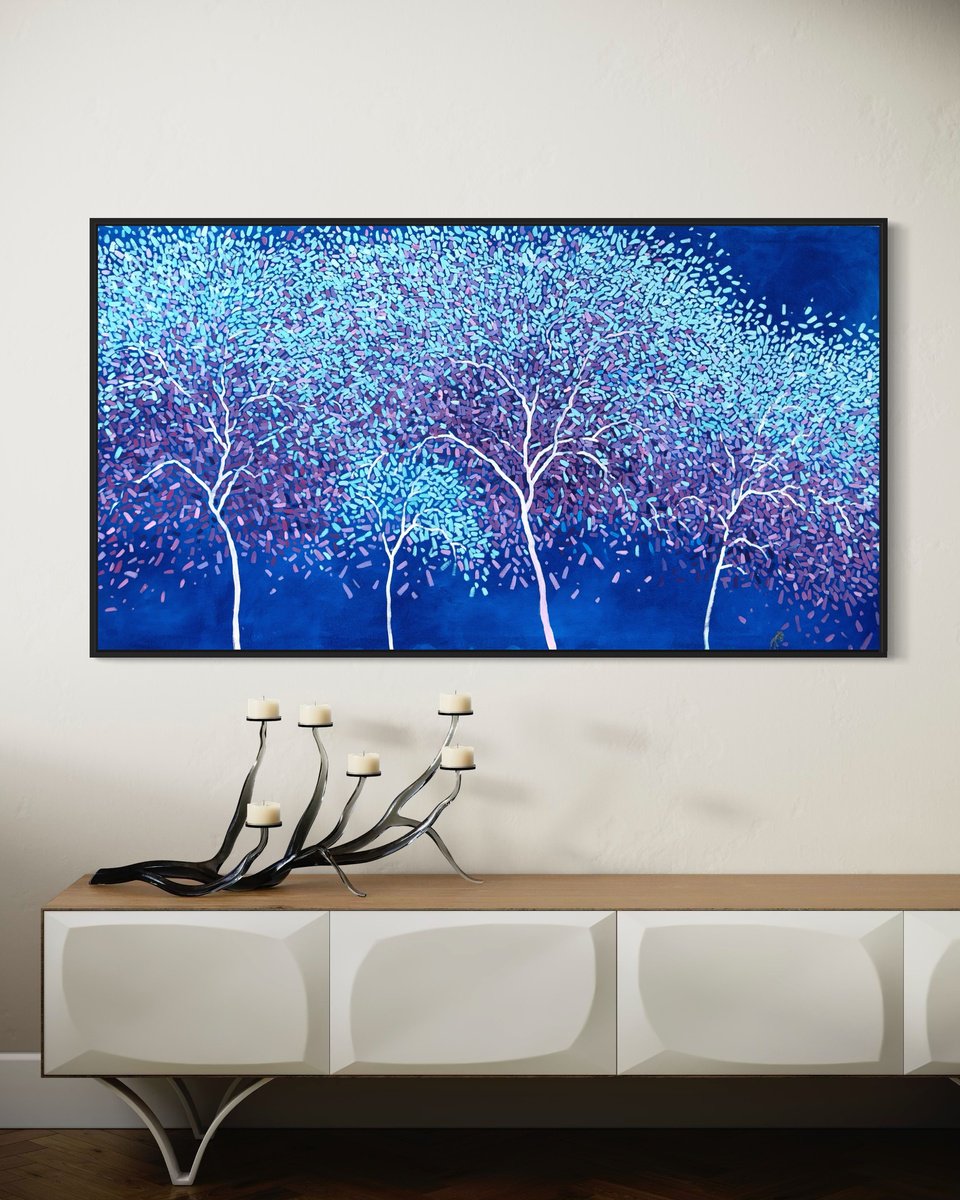 Impressionistic Botanical Oil Painting By Volodymyr Smoliak, 55 X 31", Blue Winter Forest, Original Artwork