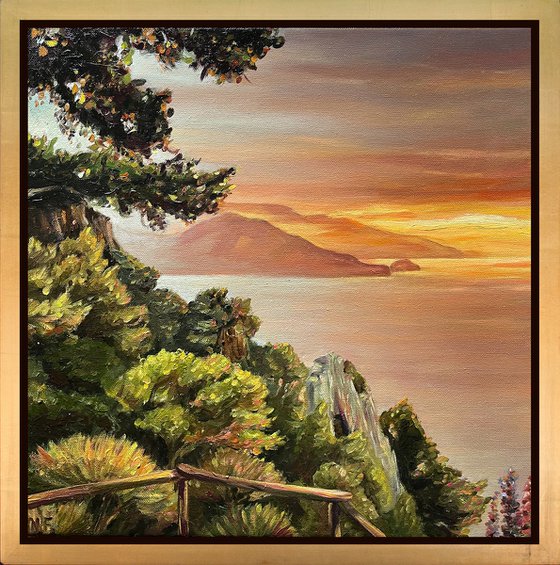 CAPRI SUNSET, Original Vibrant Italian Landscape Square Horizon Oil Painting