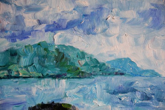 Greece island seascape large oil painting on canvas, monastery on mountain, coastal home decor