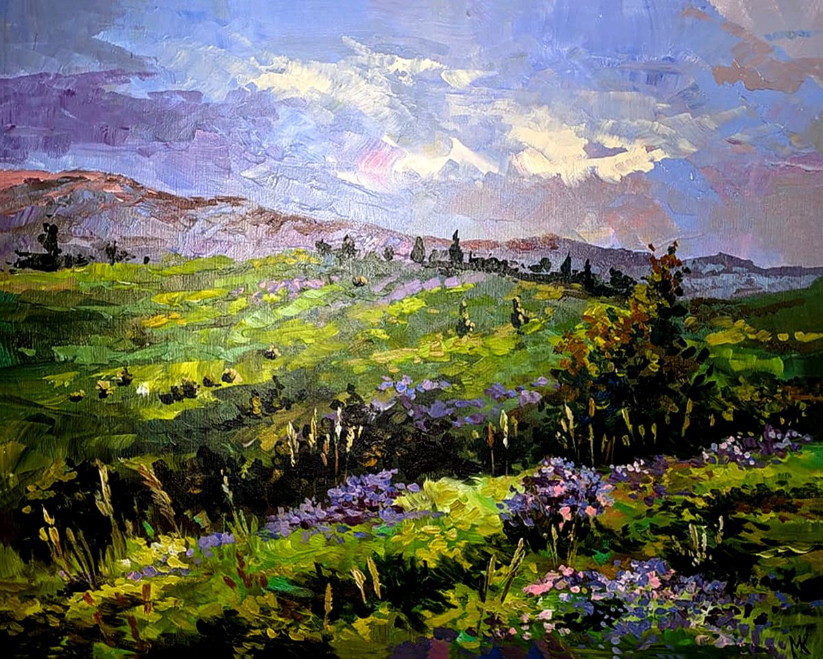 Impressionistic Landscape Acrylic Painting By Maria Kireev, 31 X 25", Blooming Valley, Original Artwork