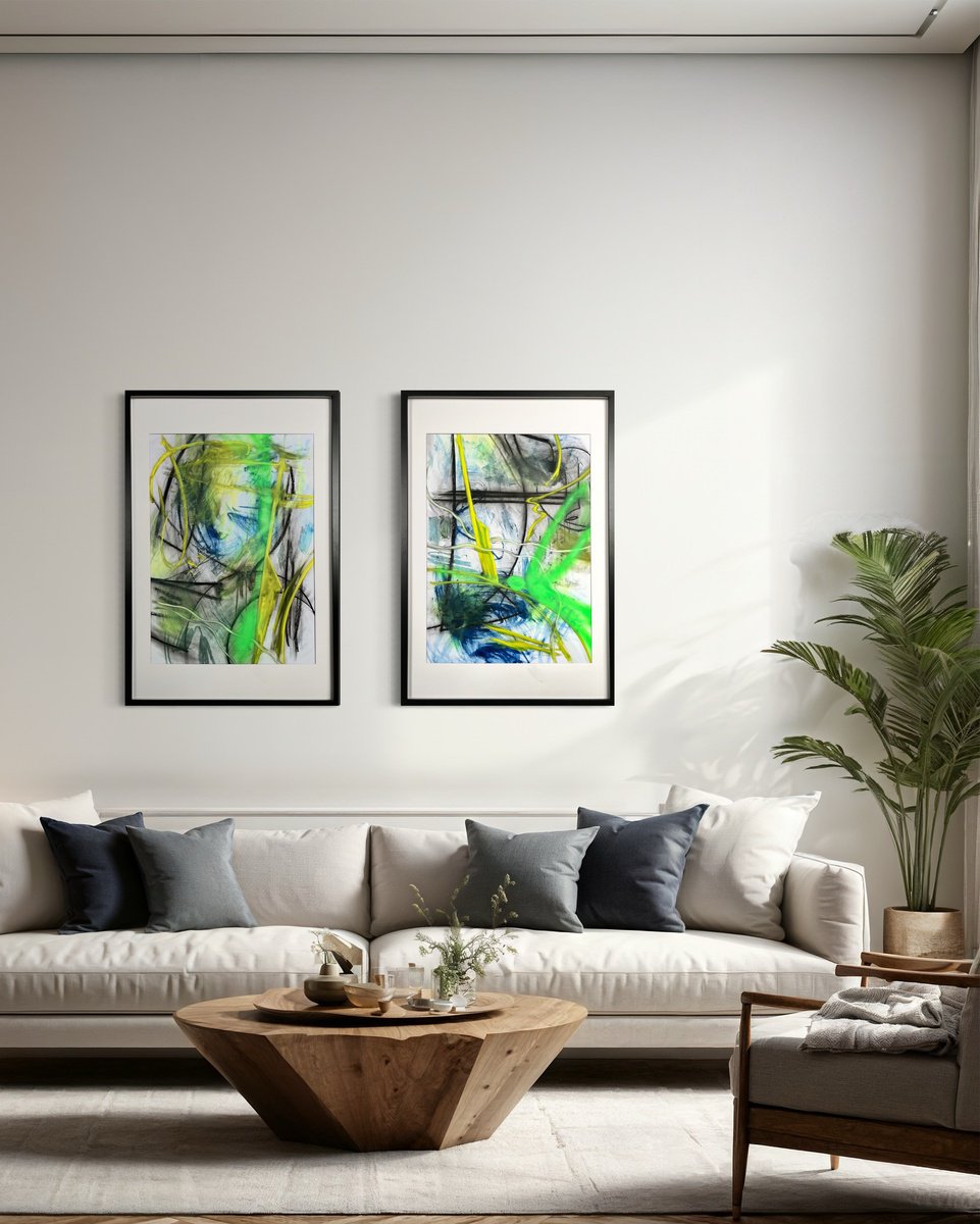 Framed abstract paintings by Maria Esmar